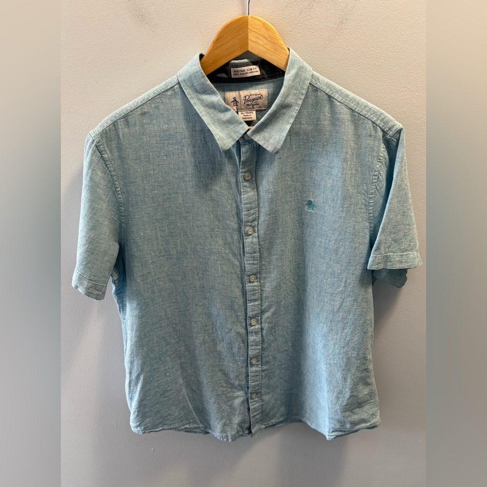 Original Penguin Heritage Slim Fit XL Linen Blend Short Sleeve Button Down Shirt